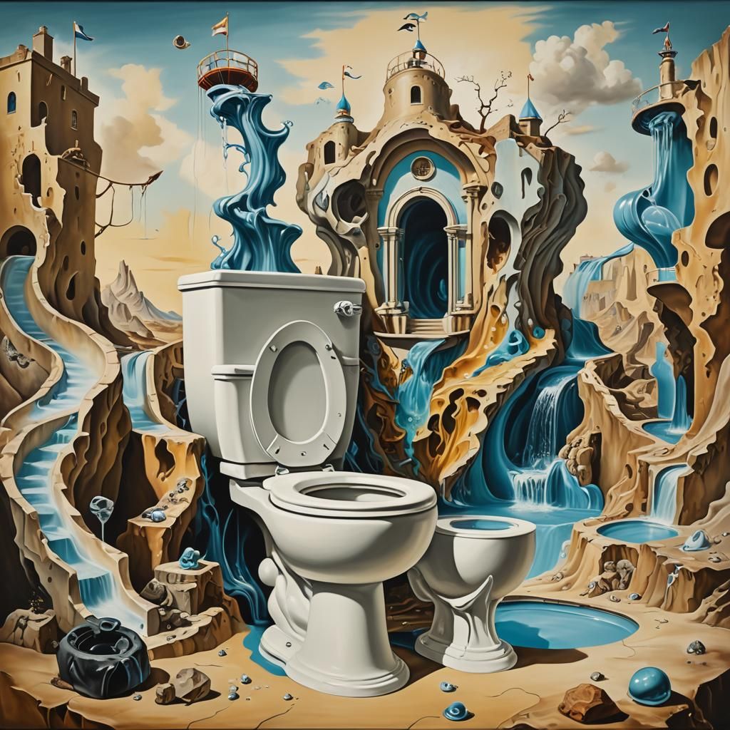 Surreal Water Park Toilet Bowl as Dreamlike Oil Painting