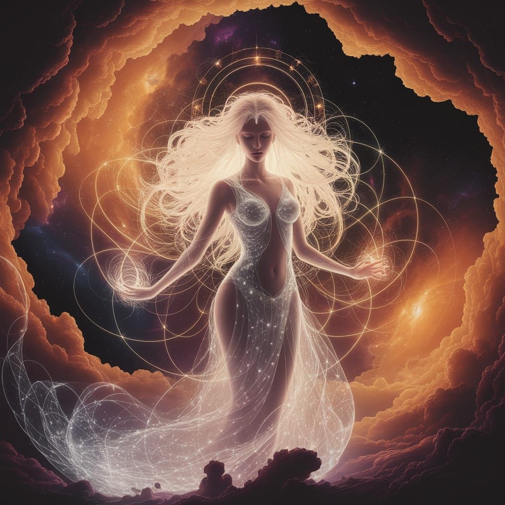 Ethereal Sorceress Weaving Light in Celestial Void