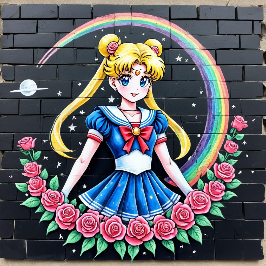 (Chalk Art drawing) Sailor Moon with rainbows and roses on a brick wall chalk art chalk art chalk art