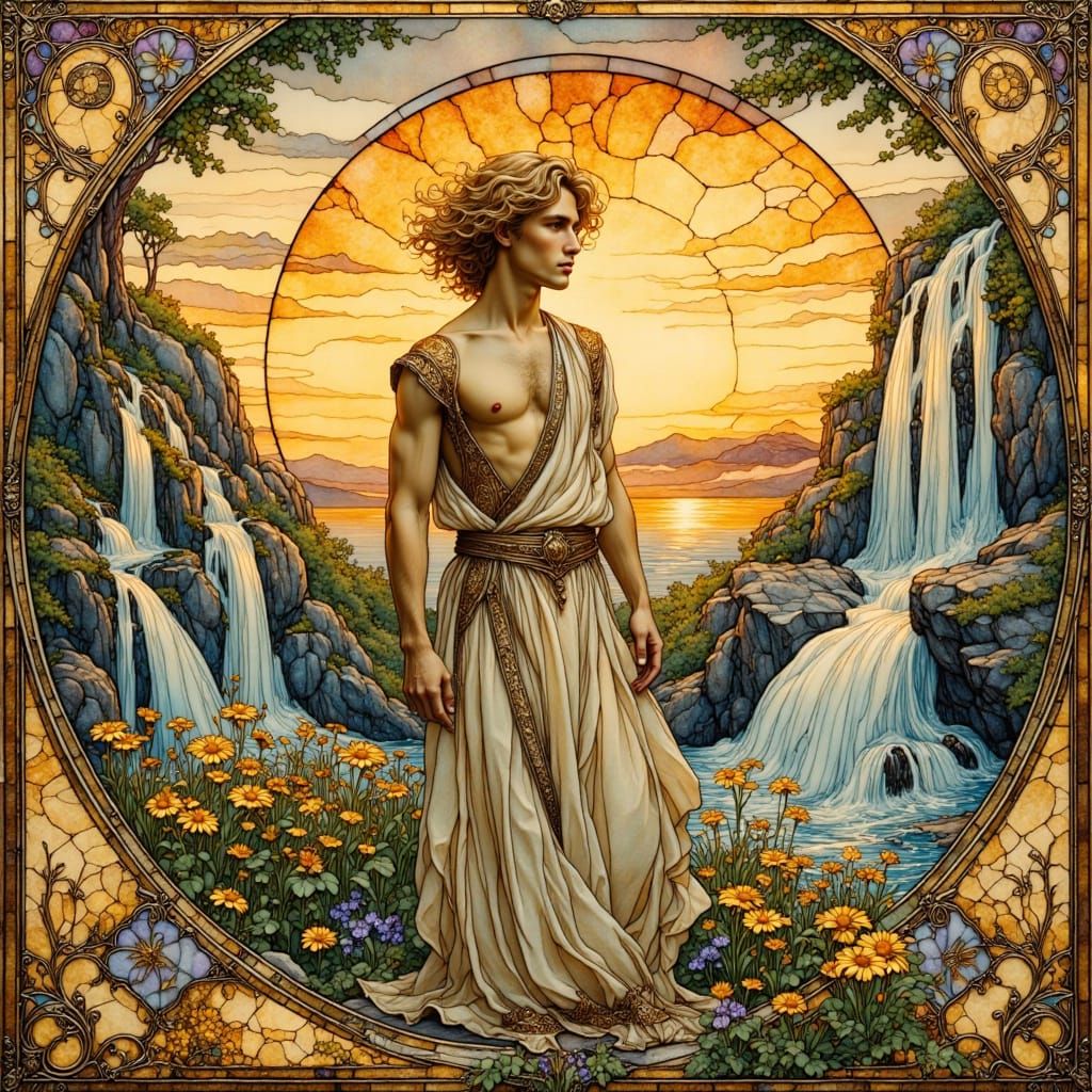 Stained Glass Young Man in Art Nouveau Landscape