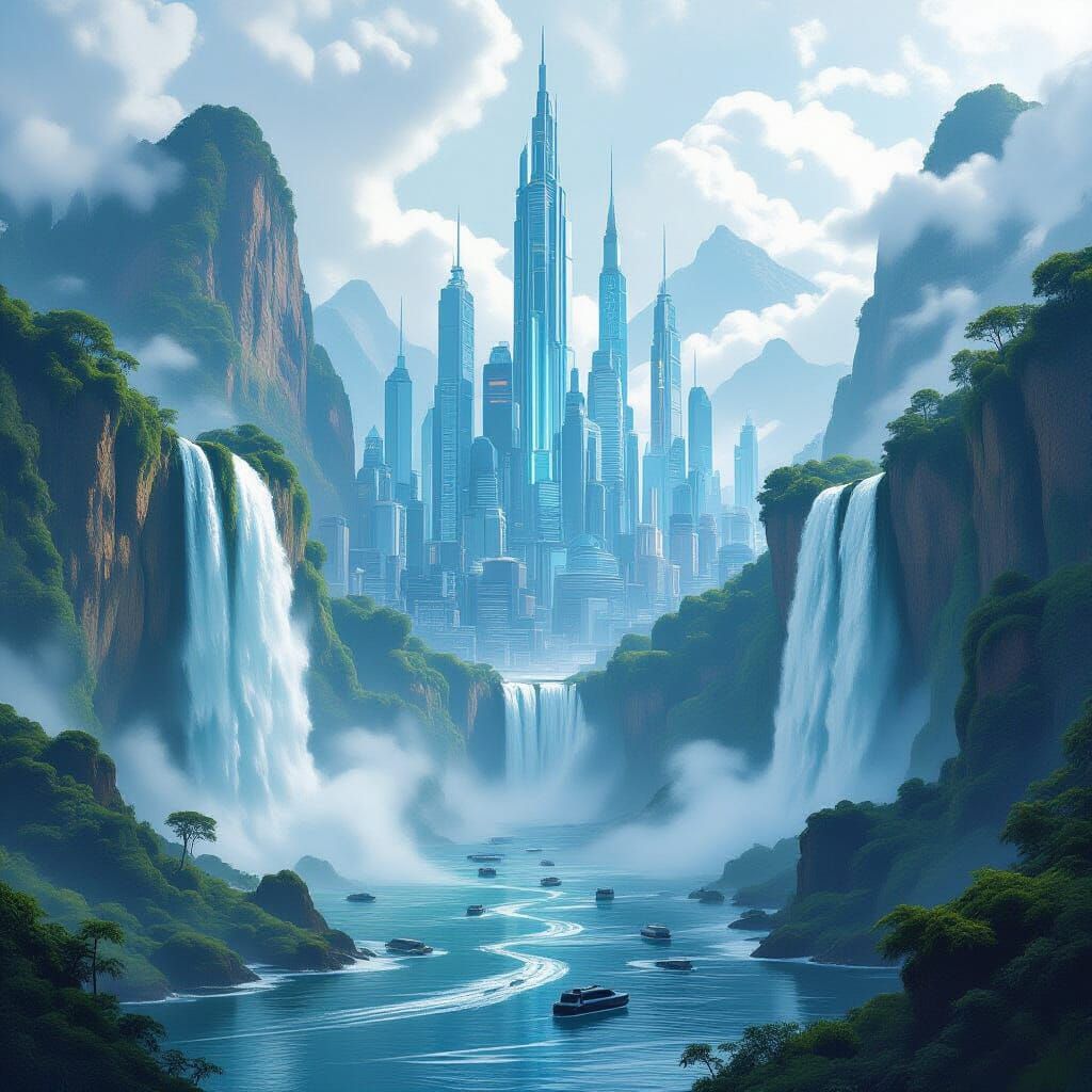 Thriving City Between Waterfalls in Cyberpunk Dystopian Styl...