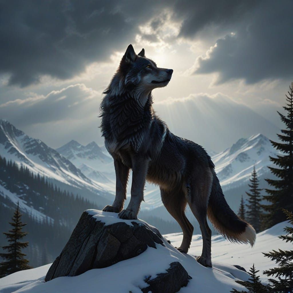She-Wolf Silhouette on Snowy Peak in Dark Fantasy Style