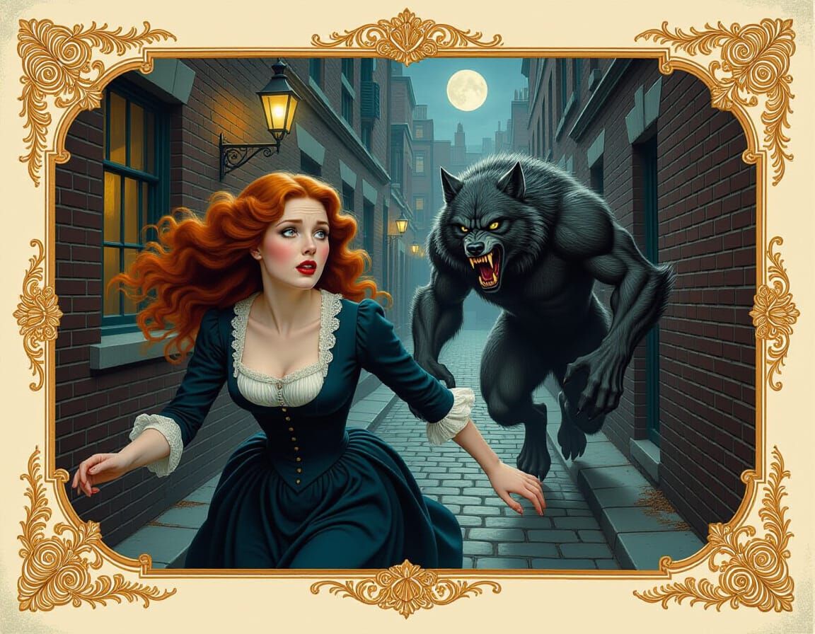 Victorian Woman Fleeing Werewolf in Dark Alley