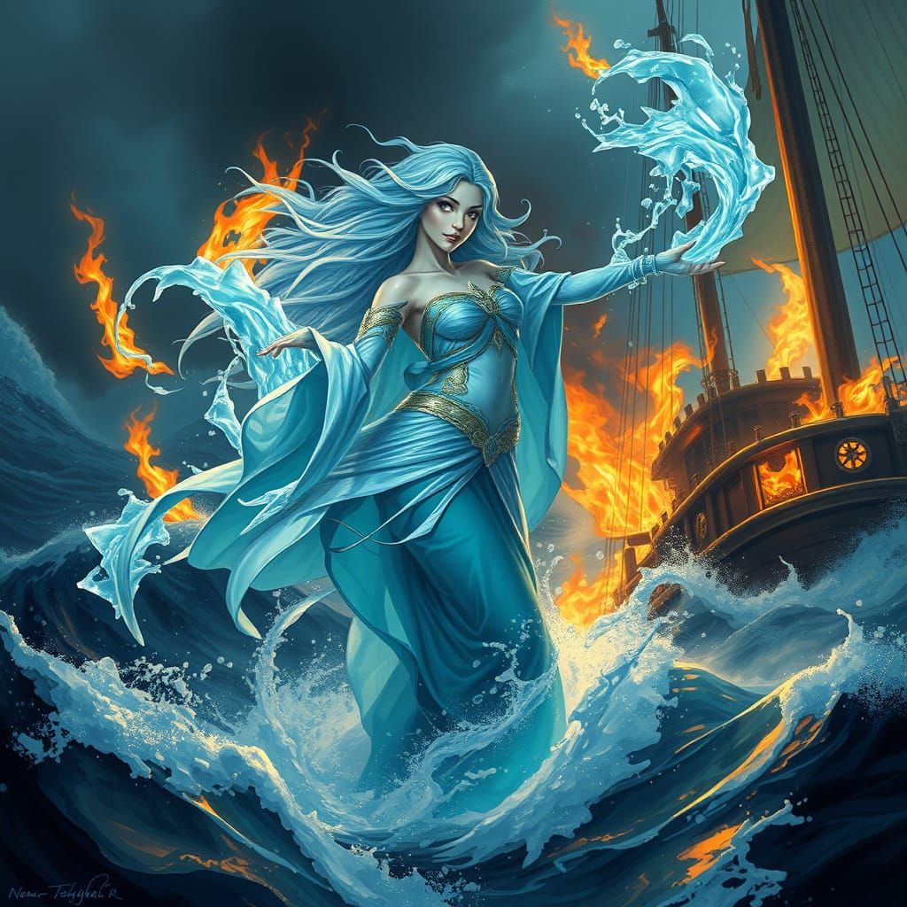 Water Elemental Girl Extinguishes Burning Ship