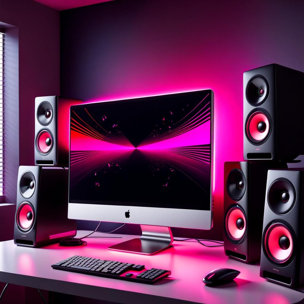 Glowing Monitor with Music Notes in Modern Bedroom