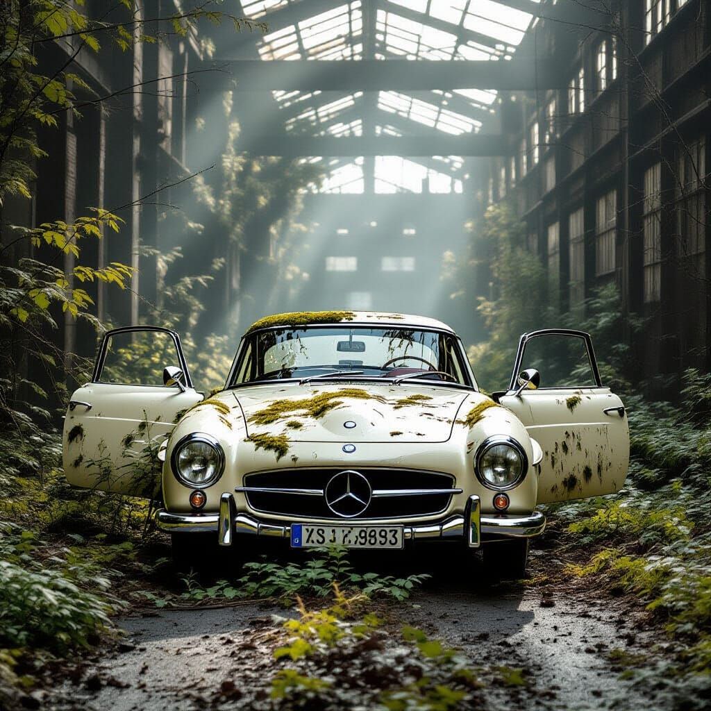 Moss-Covered 1958 Mercedes 190 SL Abandoned in Foggy Industr...