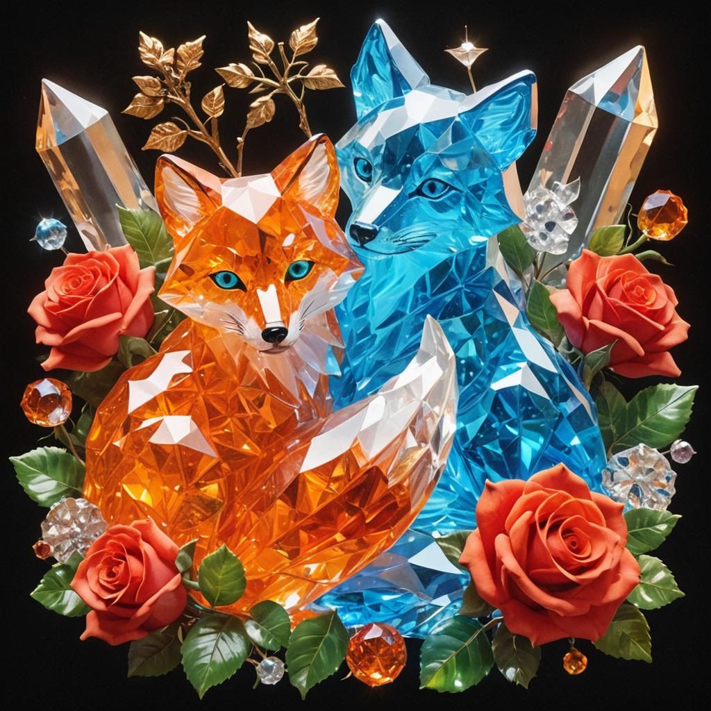 Crystal Fox and Crystal Wolf: Photorealistic Surrealist Artw...