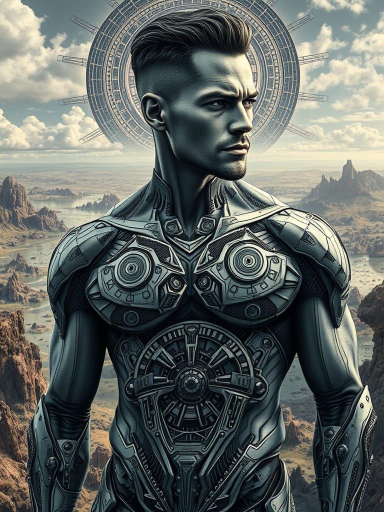 Futuristic Biomechanical Cyborg Man in Detailed Landscape