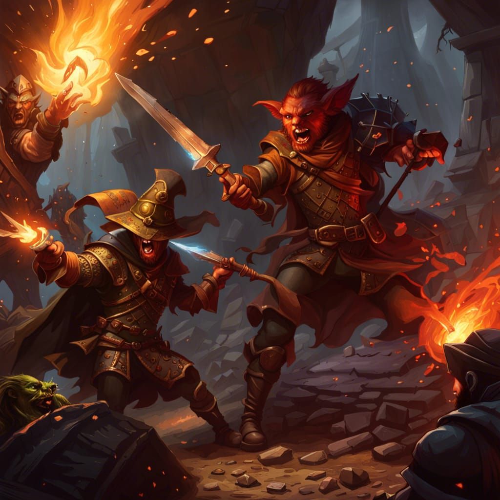 Adventurers Battling Goblin in Dark Fantasy Art