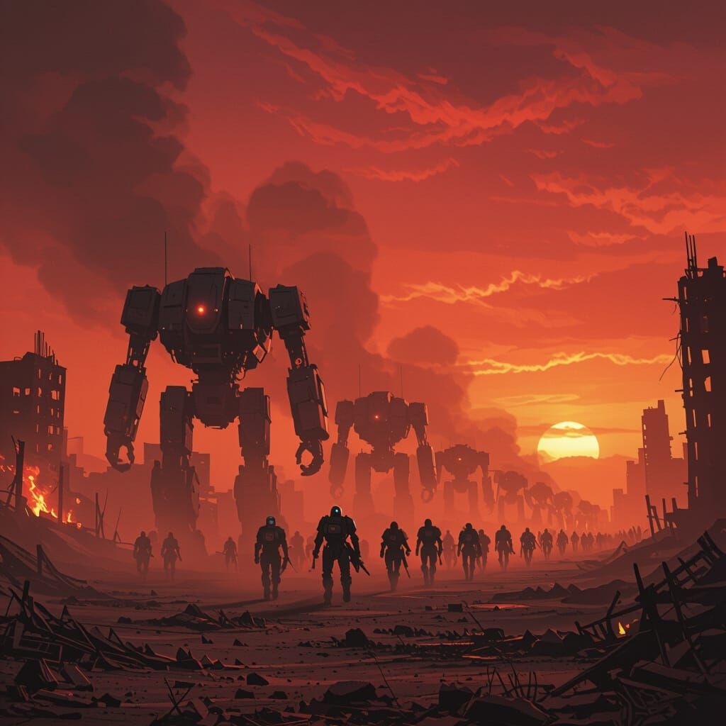 Killer Robots March Through Fiery Post-Apocalyptic Wasteland