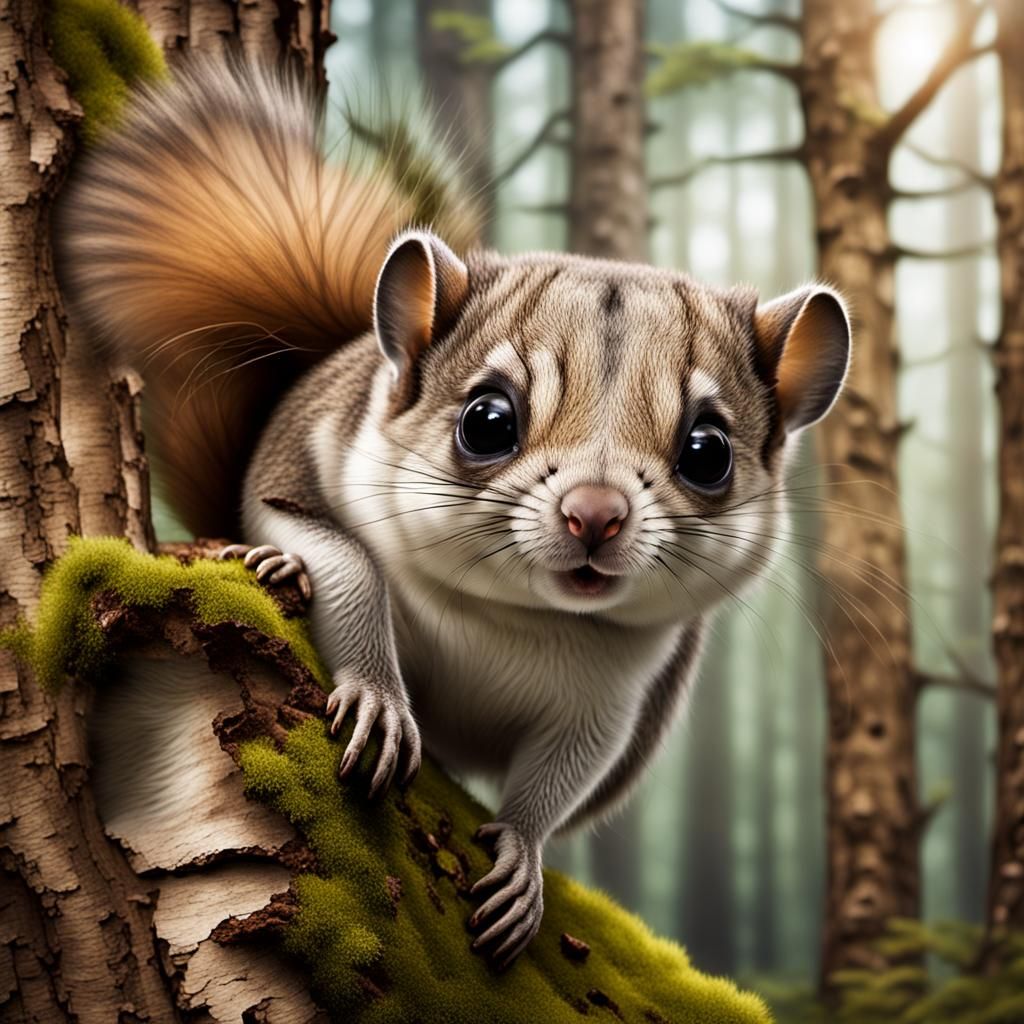 Siberian Flying Squirrel Gliding in Birch Woods