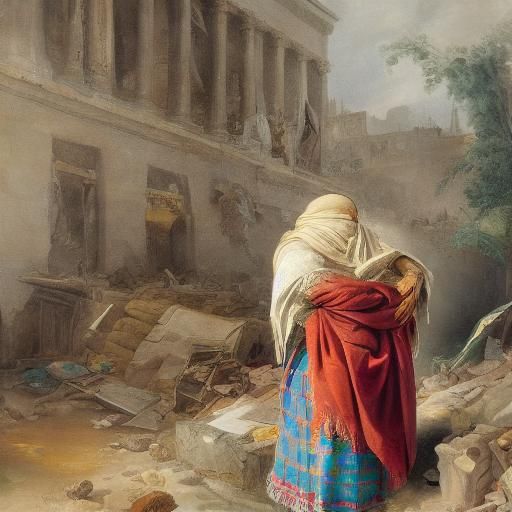 Woman Praying in Ruined City: Surrealist Expressionism