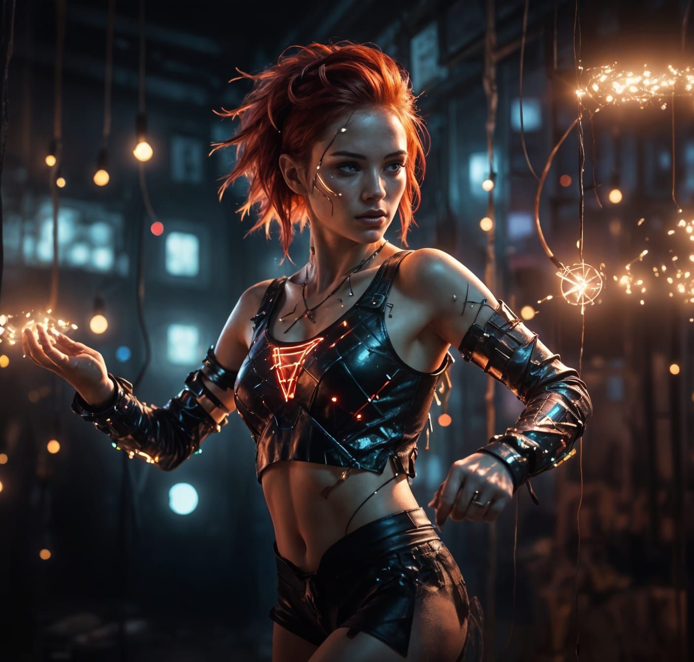 Cyberpunk Cabaret Club with Red-Haired Dancer