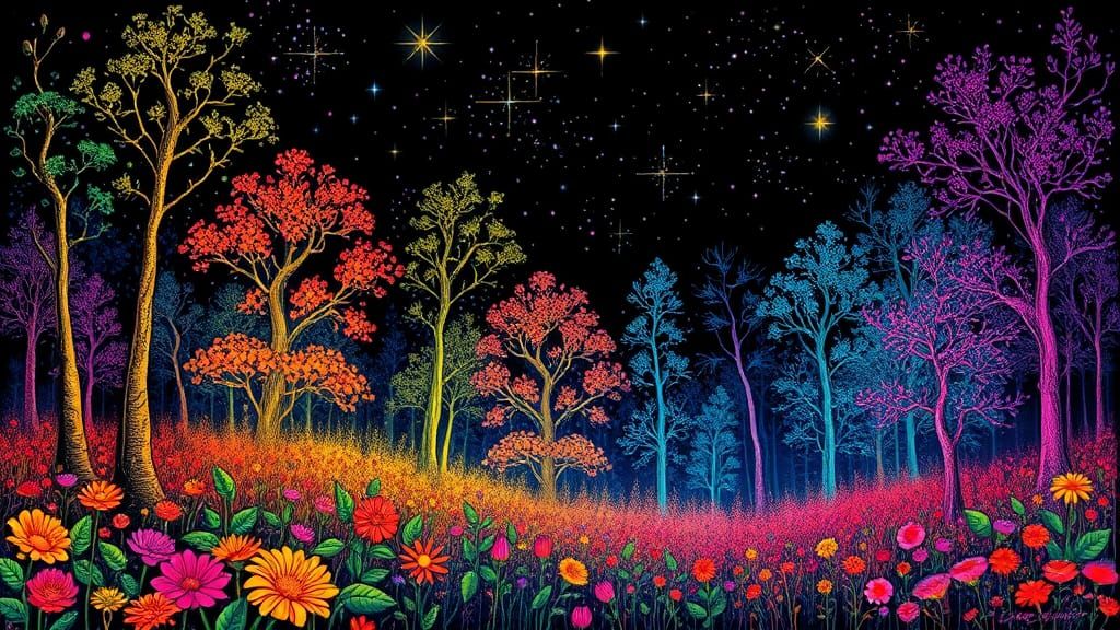 Psychedelic Forest with Fluorescent Flora, Fantasy Art