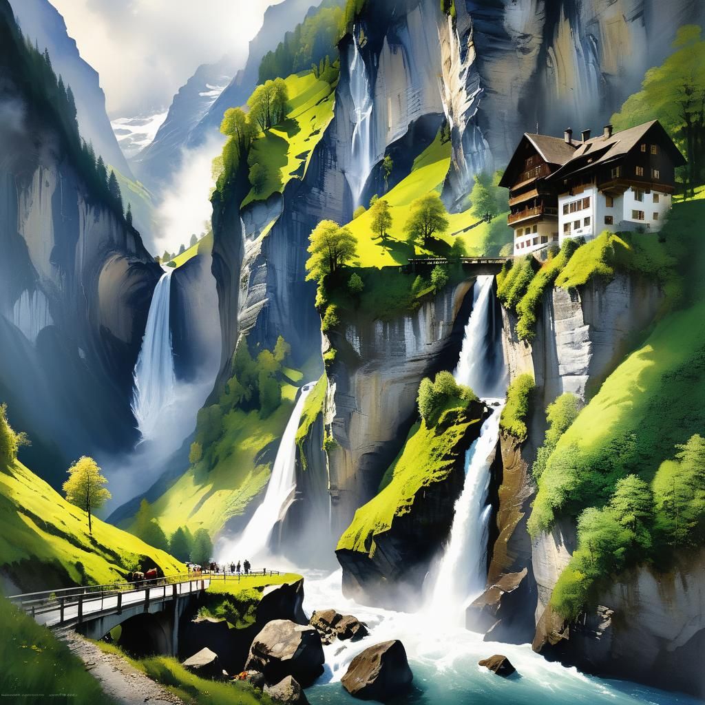 Lauterbrunnen Waterfalls: Intricate Watercolor Landscape