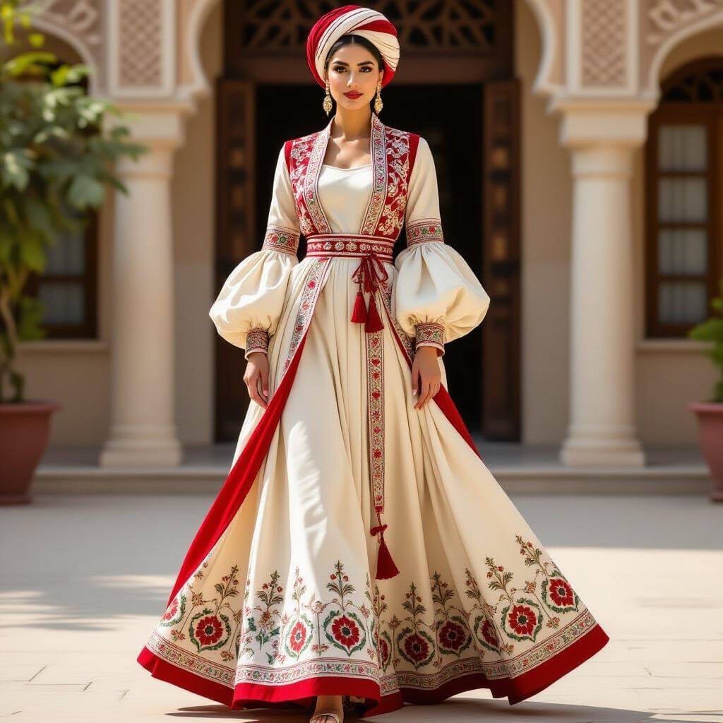 Regal Iranian Woman in Elegant Cream and Red Persian Attire