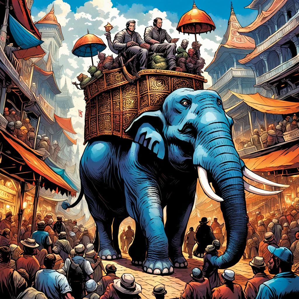 Fantasy Merchant on Elephant in Crowded Market
