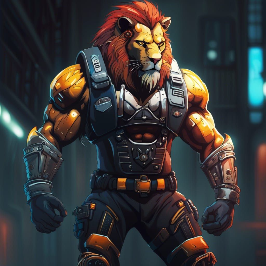 Cyberpunk Lion Firefighter in Vectorecore Style