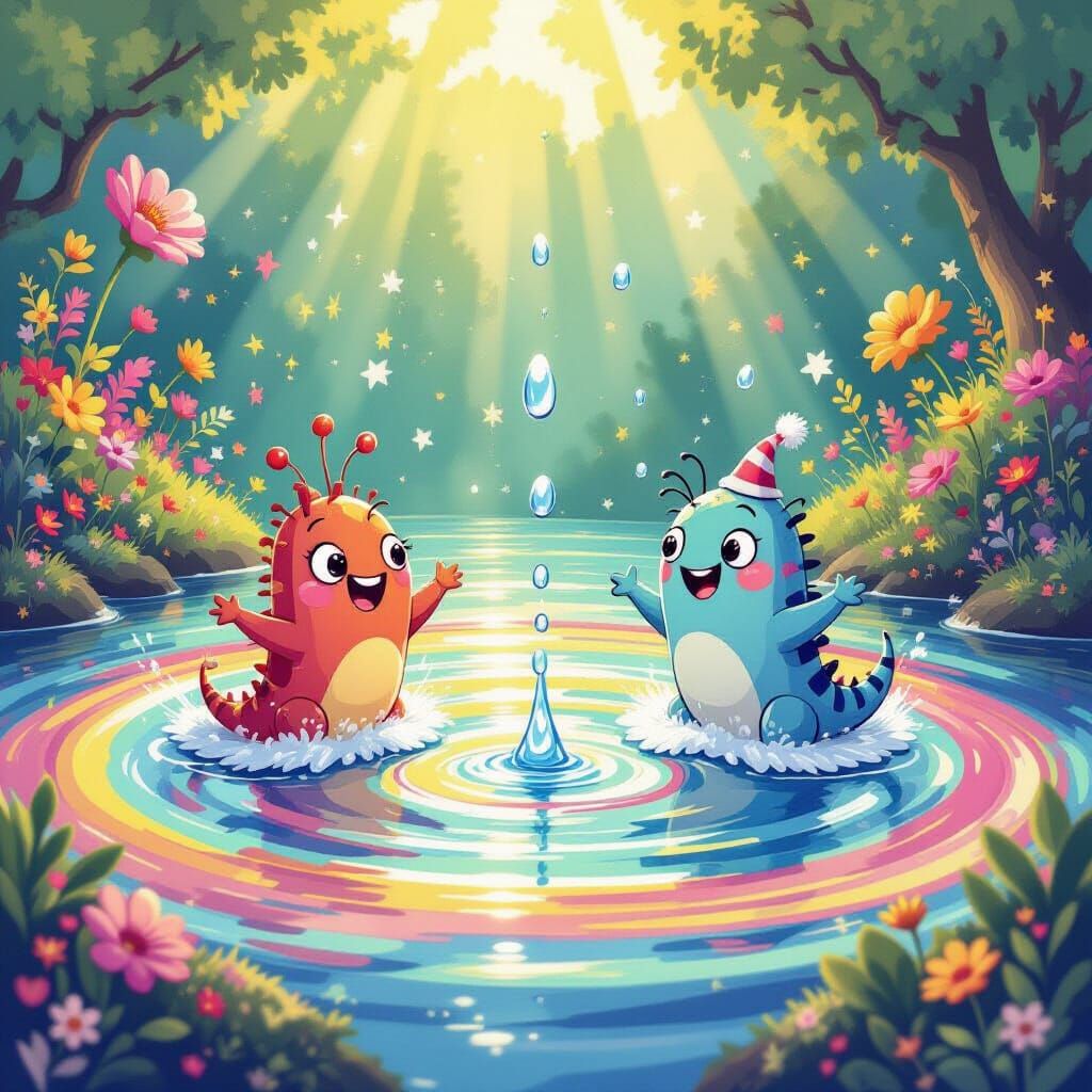 Comical Microbes Surfing Water Ripples in Illustrative Style