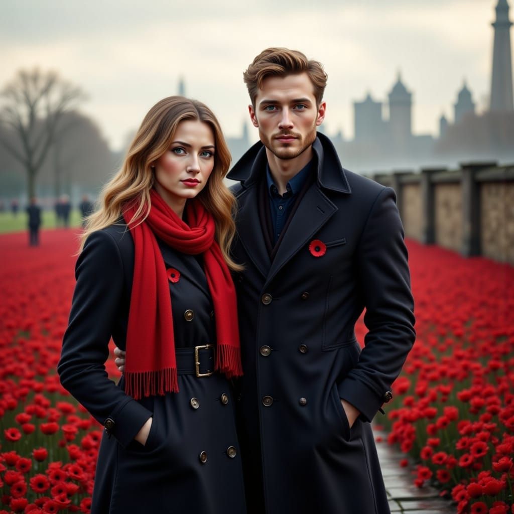 Couple at Tower of London with Poppies in Soft Light