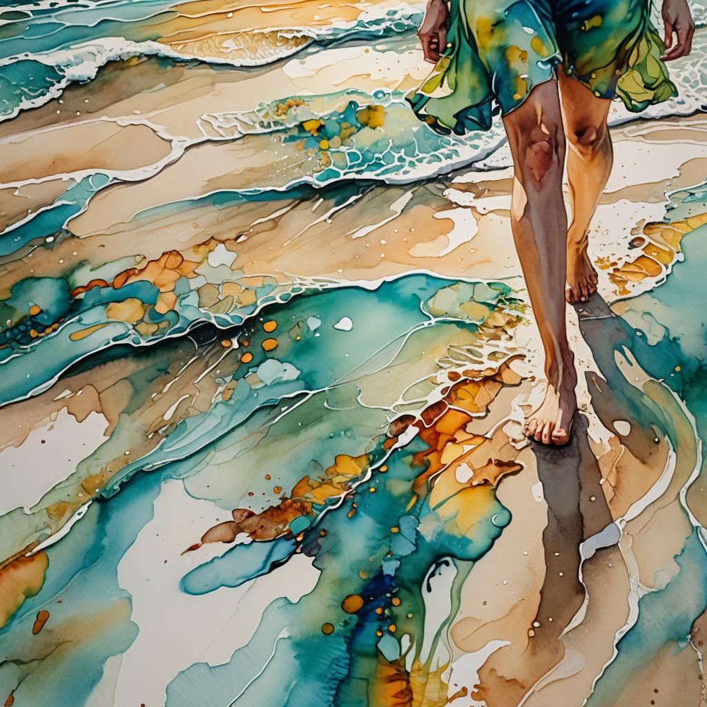 Woman Walking on Beach in Alcohol Ink Style