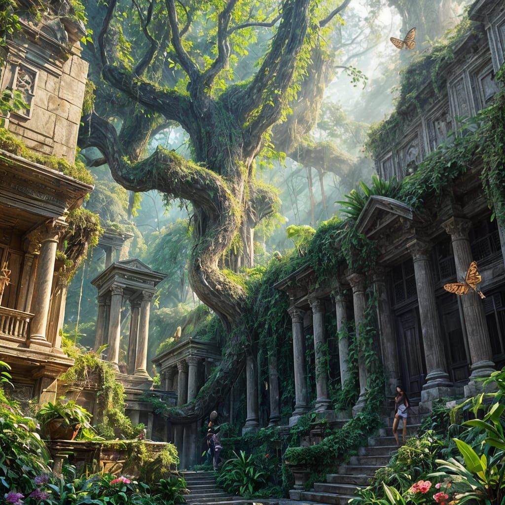 Ancient Jungle City Ruins in Golden Hour Light