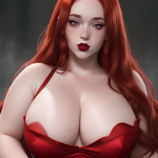 Anime-Style Portrait of Freckled Woman in Red Gown