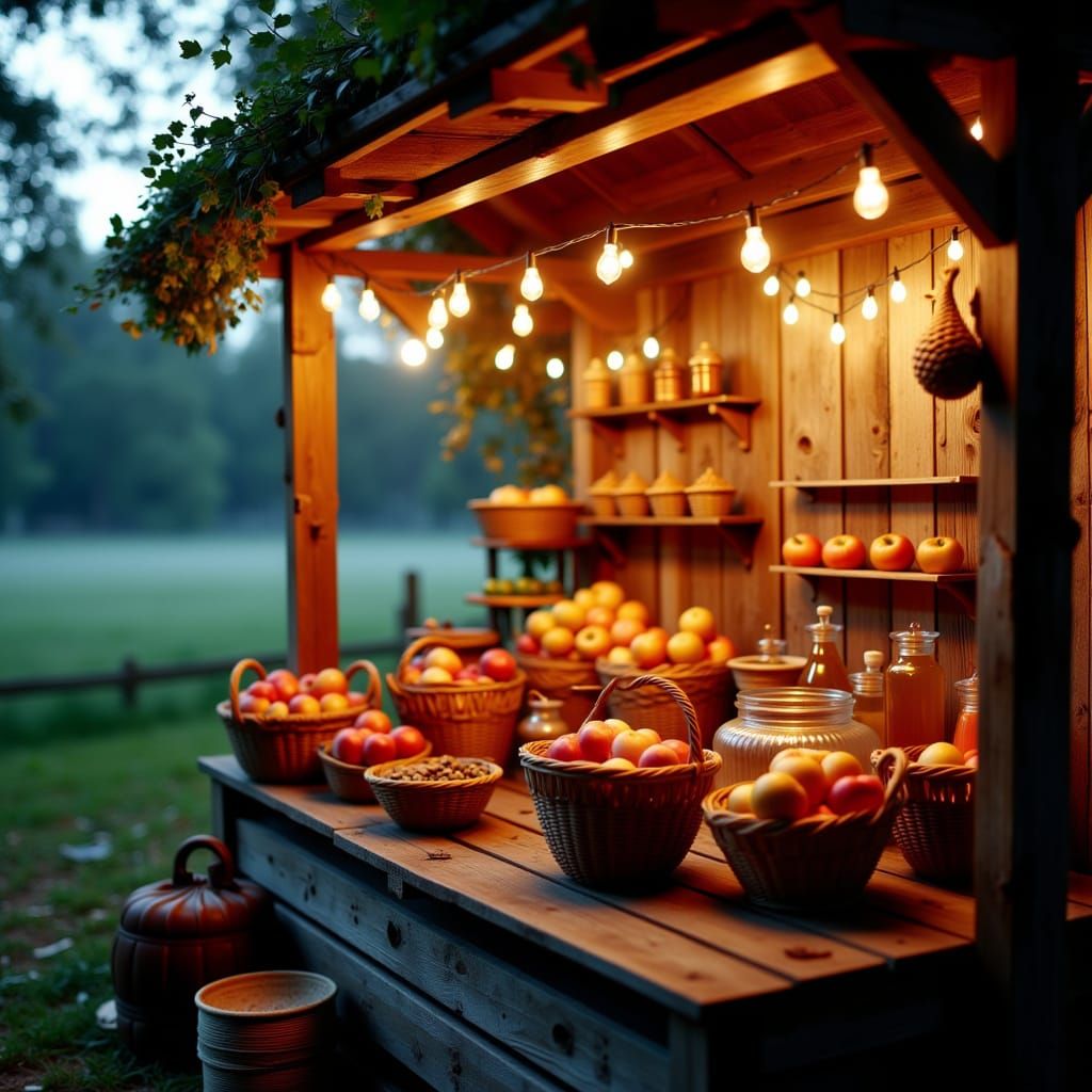 Rustic Farmstand at Dusk in Photorealistic Style