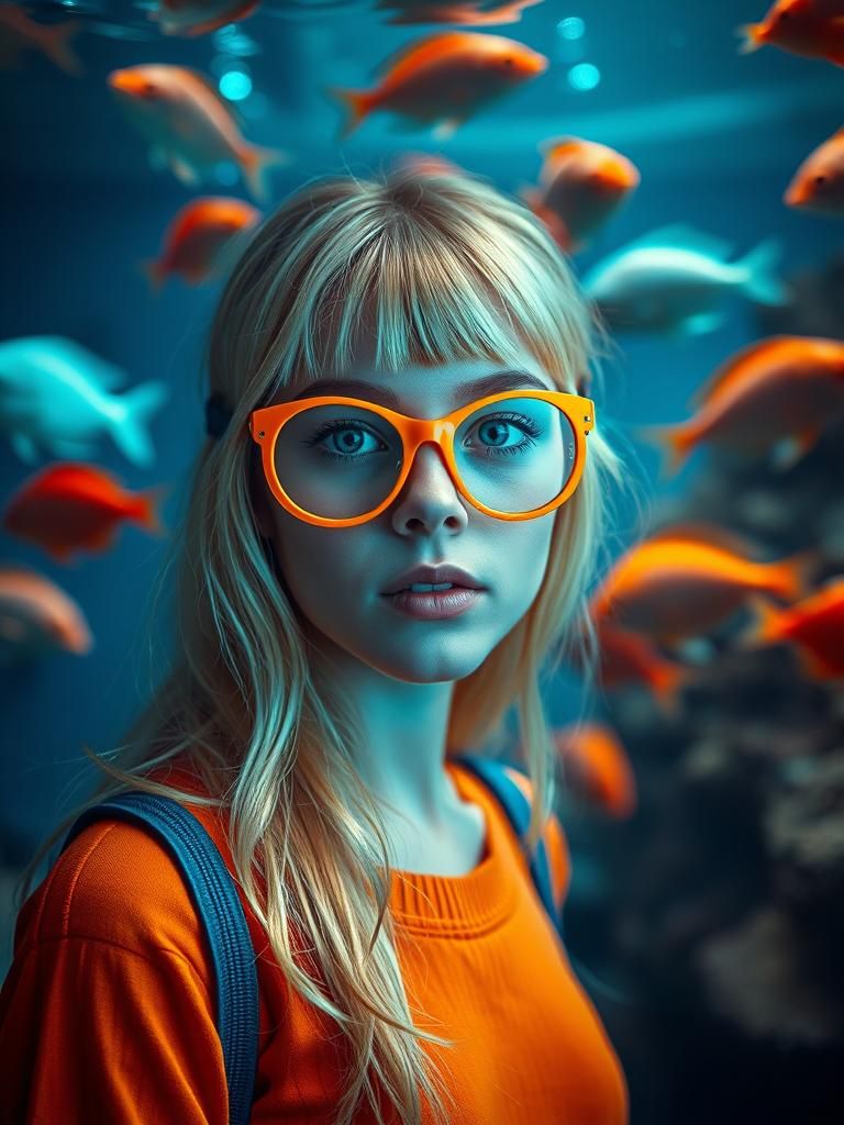 Girl Under Aquarium in Pop Art Style