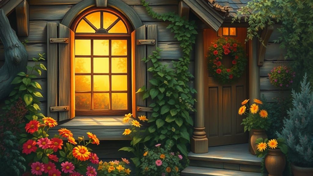 Cozy Cottage Window Scene in Storybook Style