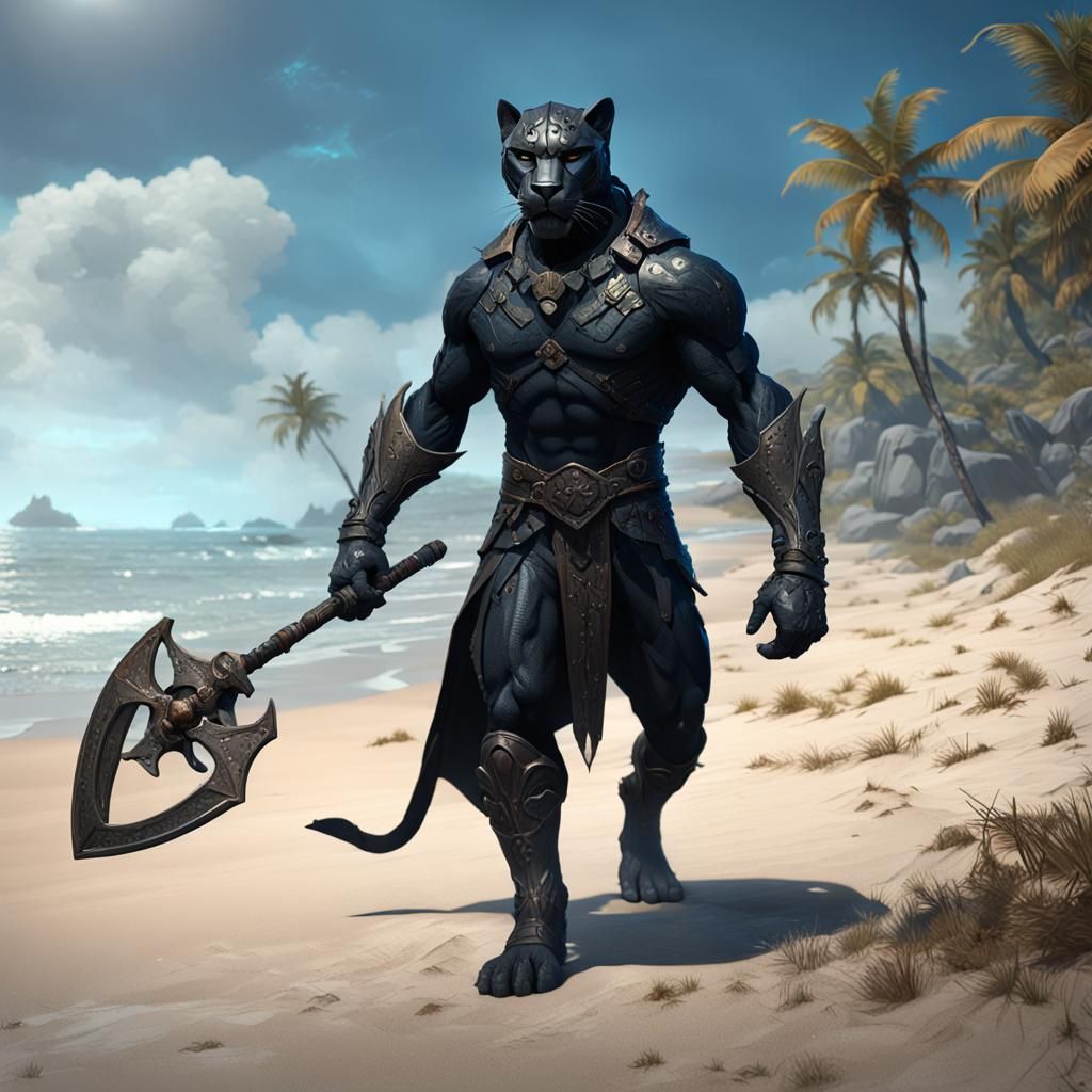 Dark Panther Humanoid Hybrid on the Beach