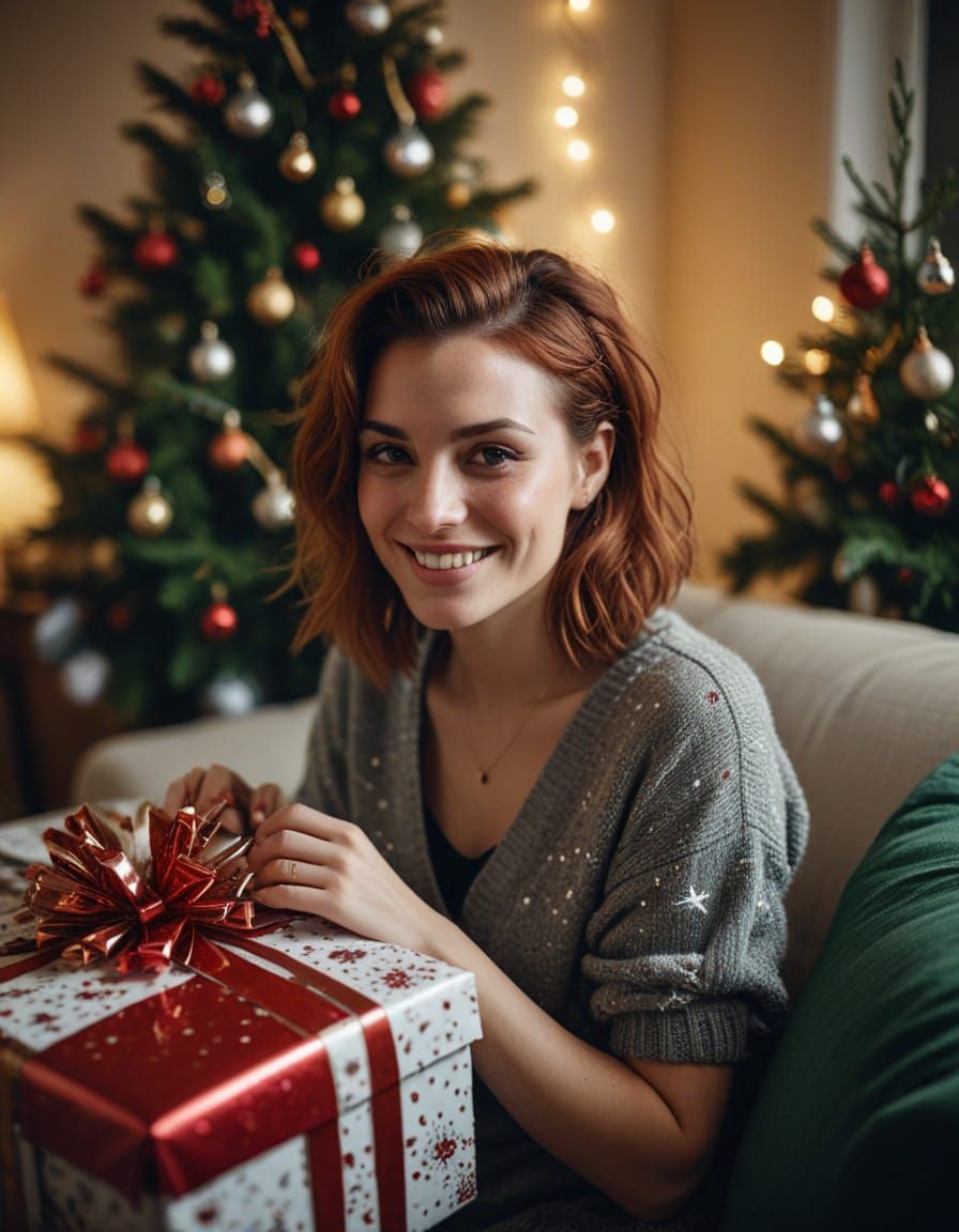 A Young Woman Wraps Christmas Presents in Festive Style