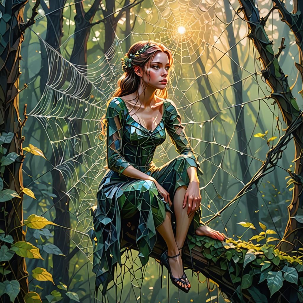 Fairy on Dewy Web, Cubist Mixed Media