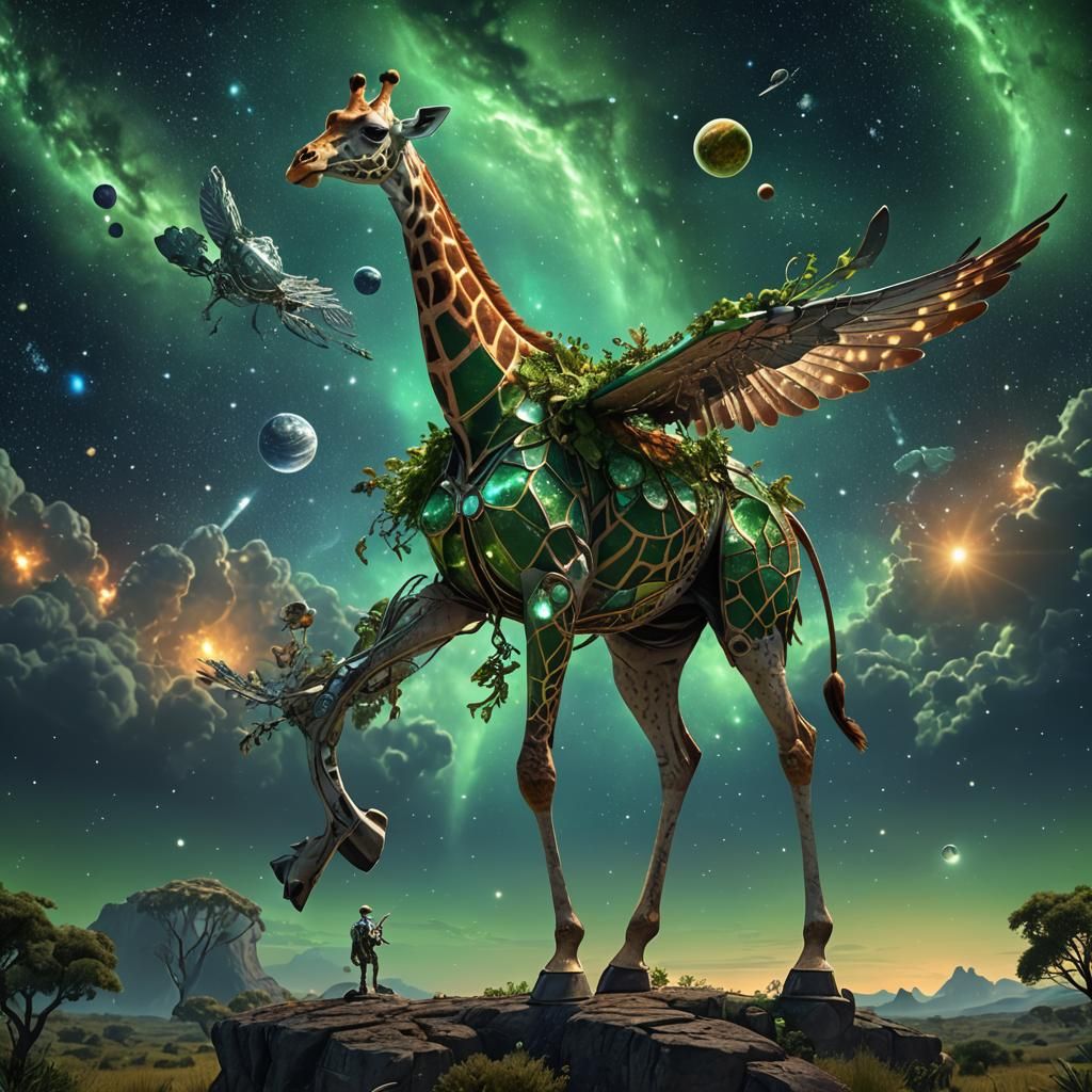 Winged Giraffe Flies Through Cosmic Sky