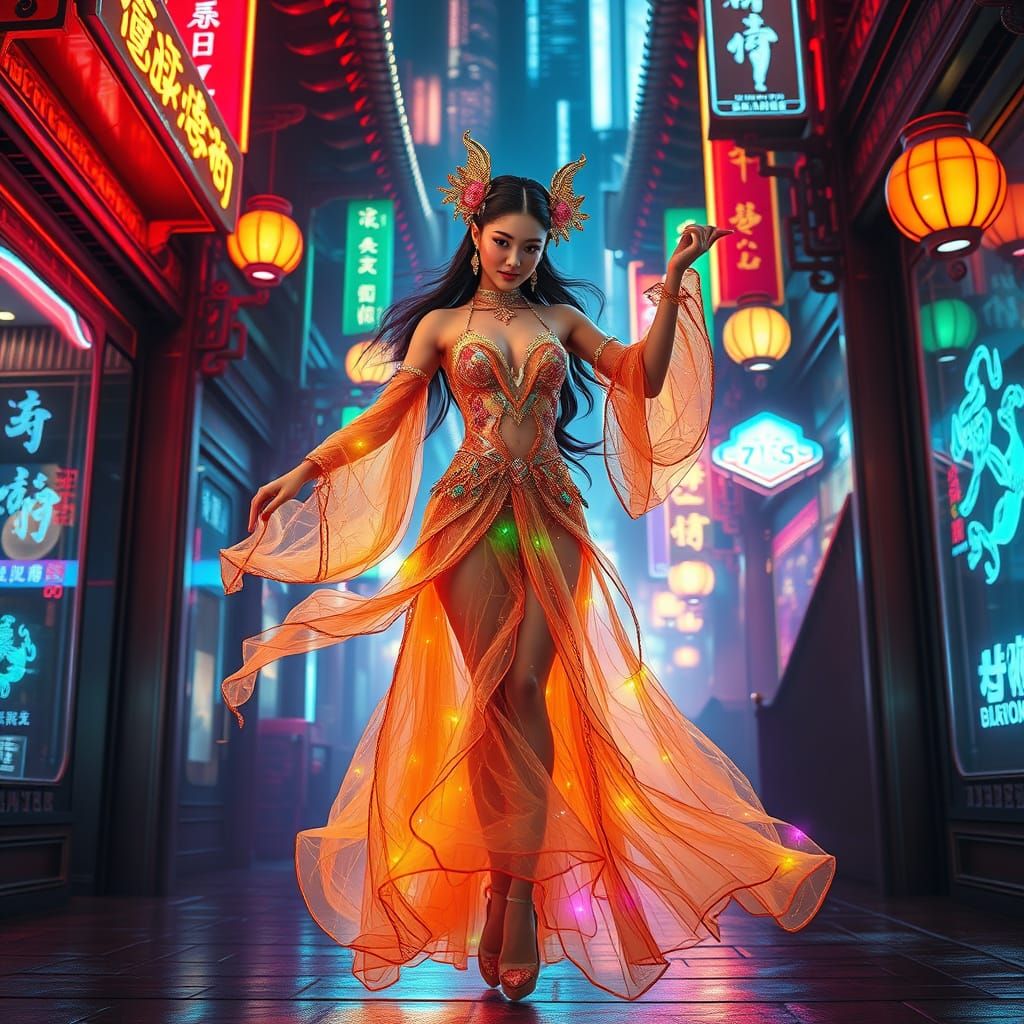 A stunning, otherworldly depiction of a XianXia maiden, the Cyber Maiden of July, dancing through neon-lit streets. She ...