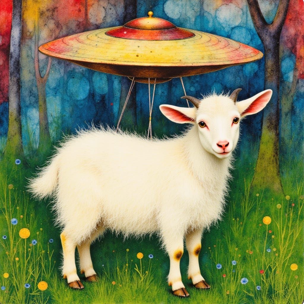 Whimsical Goat and UFO Collage in Children's Book Style