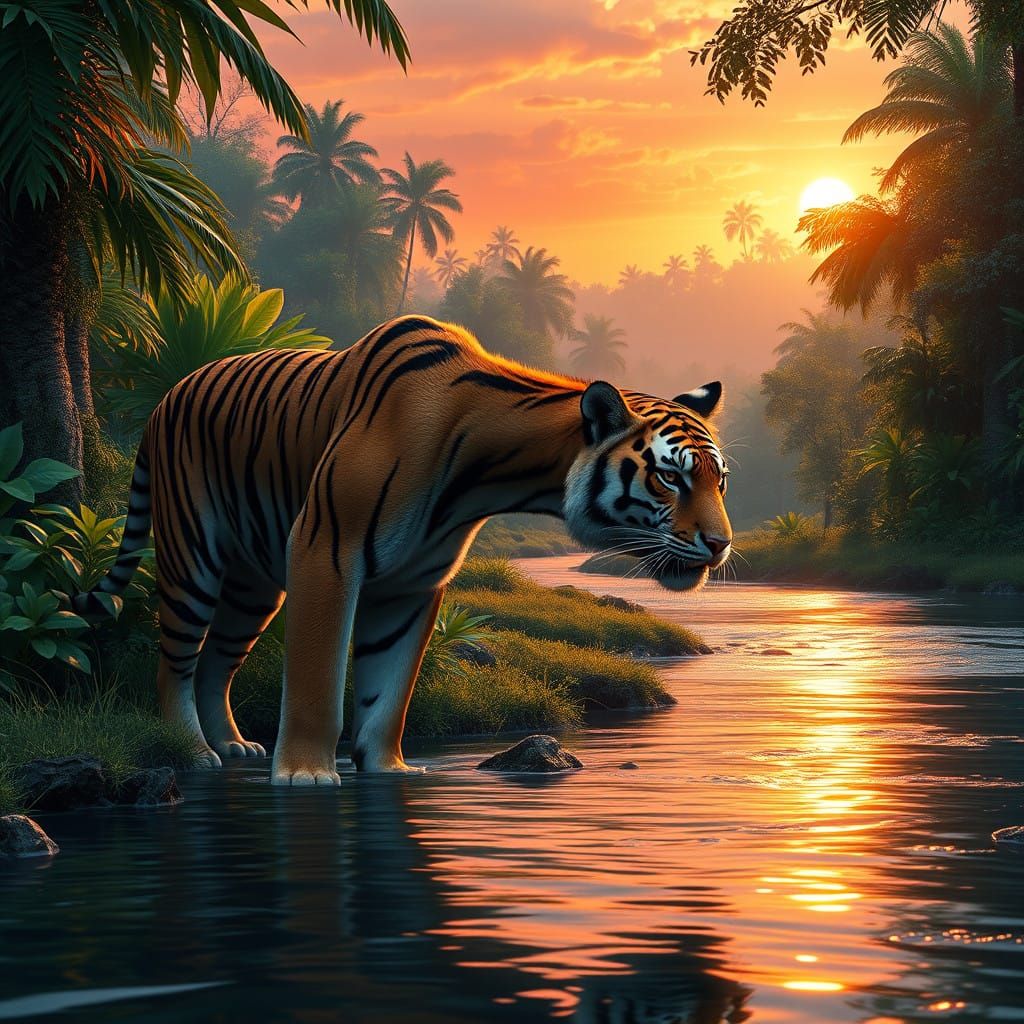 Regal Tiger in a Vibrant Jungle at Sunset