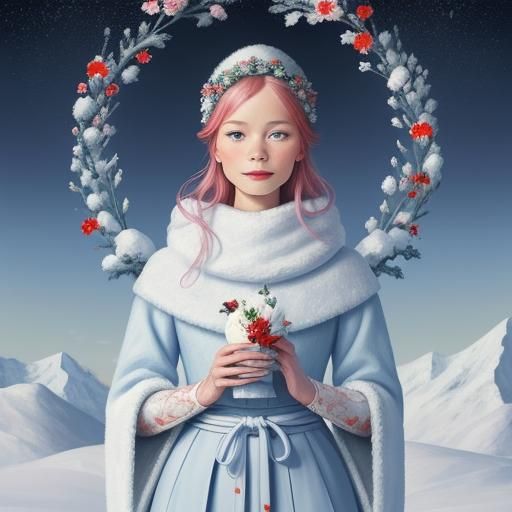 Woman in Winter Landscape, Vivid Colors