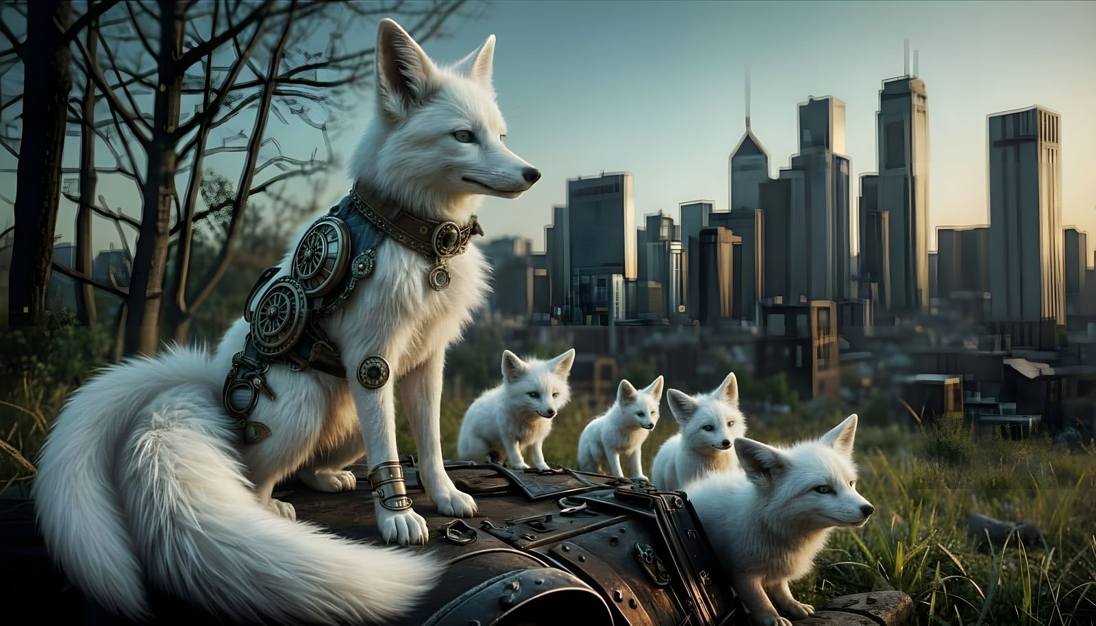 A steampunk fox, with her kits