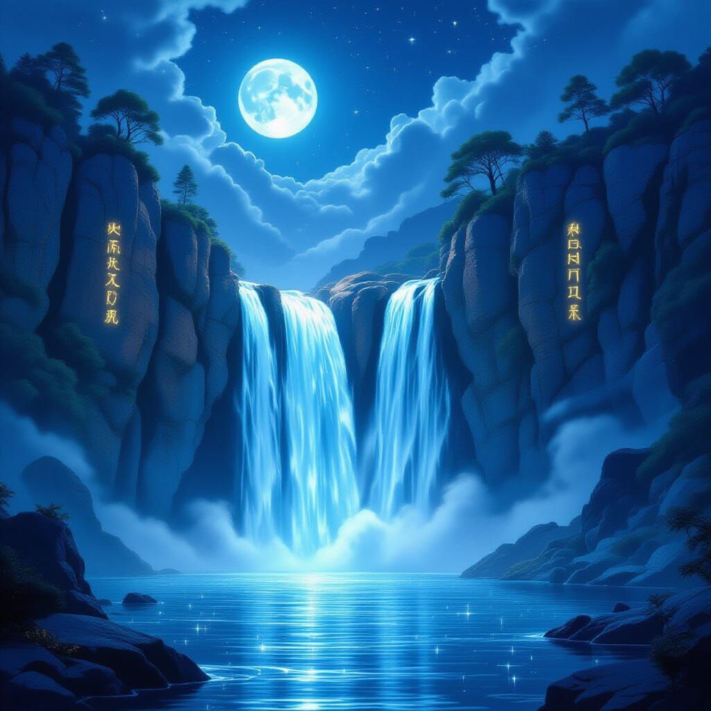 Moonlight Waterfall Flowing into a Starry Lake