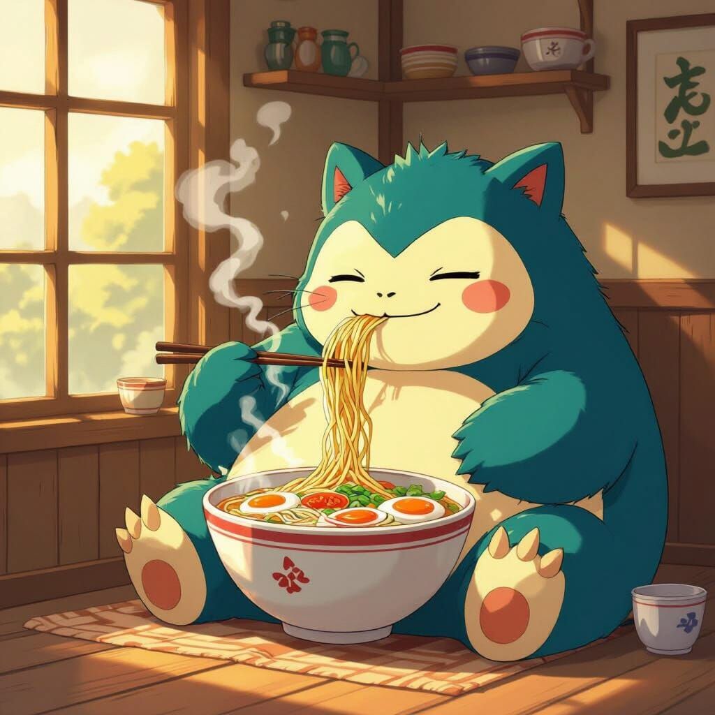 Snorlax Enjoys a Steaming Bowl of Ramen in Golden Hour Light
