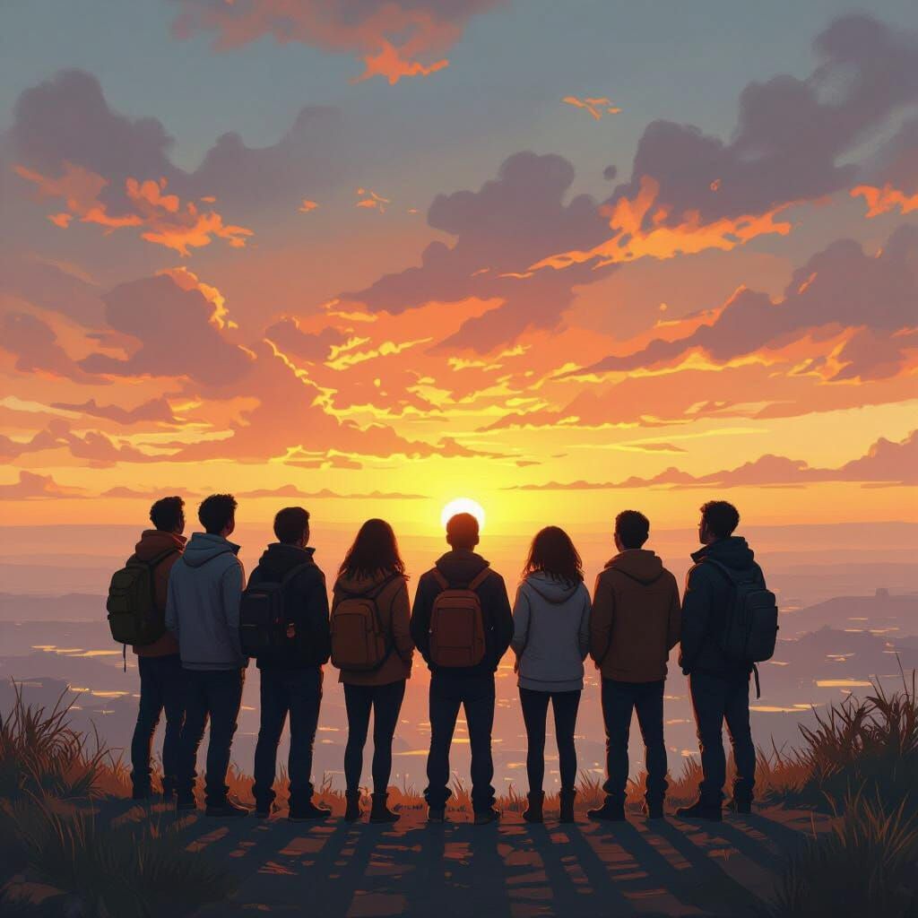 Hopeful Group Gazing at Horizon at Sunset, Stylized Realism