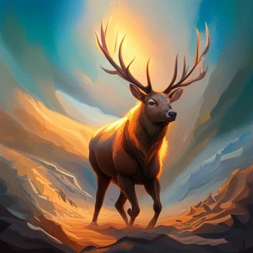 Fiery Elk Run: Hyperrealistic Splash Art