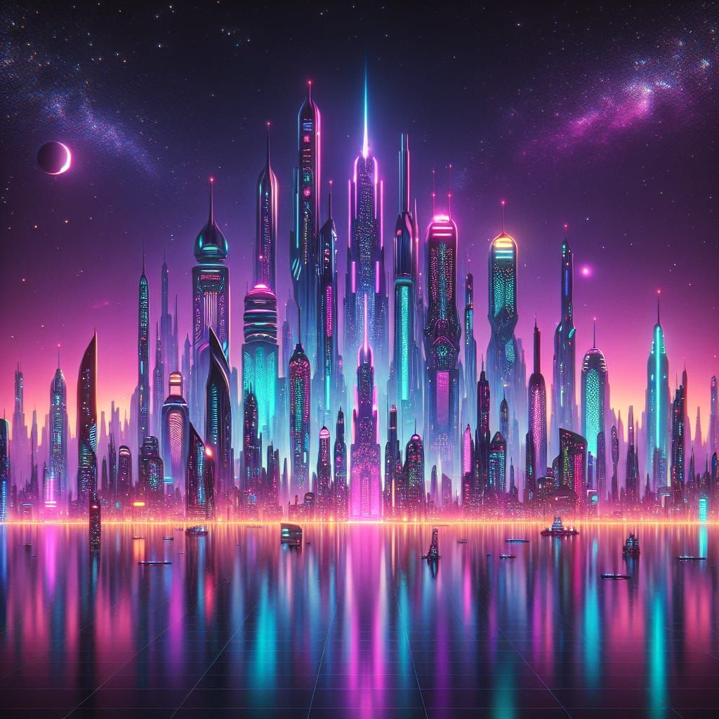 Synthwave Alien City Skyline at Night