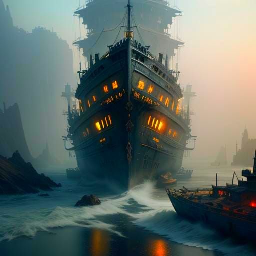 Haunted Shipwreck in Desert Sea with Cosmic Mist