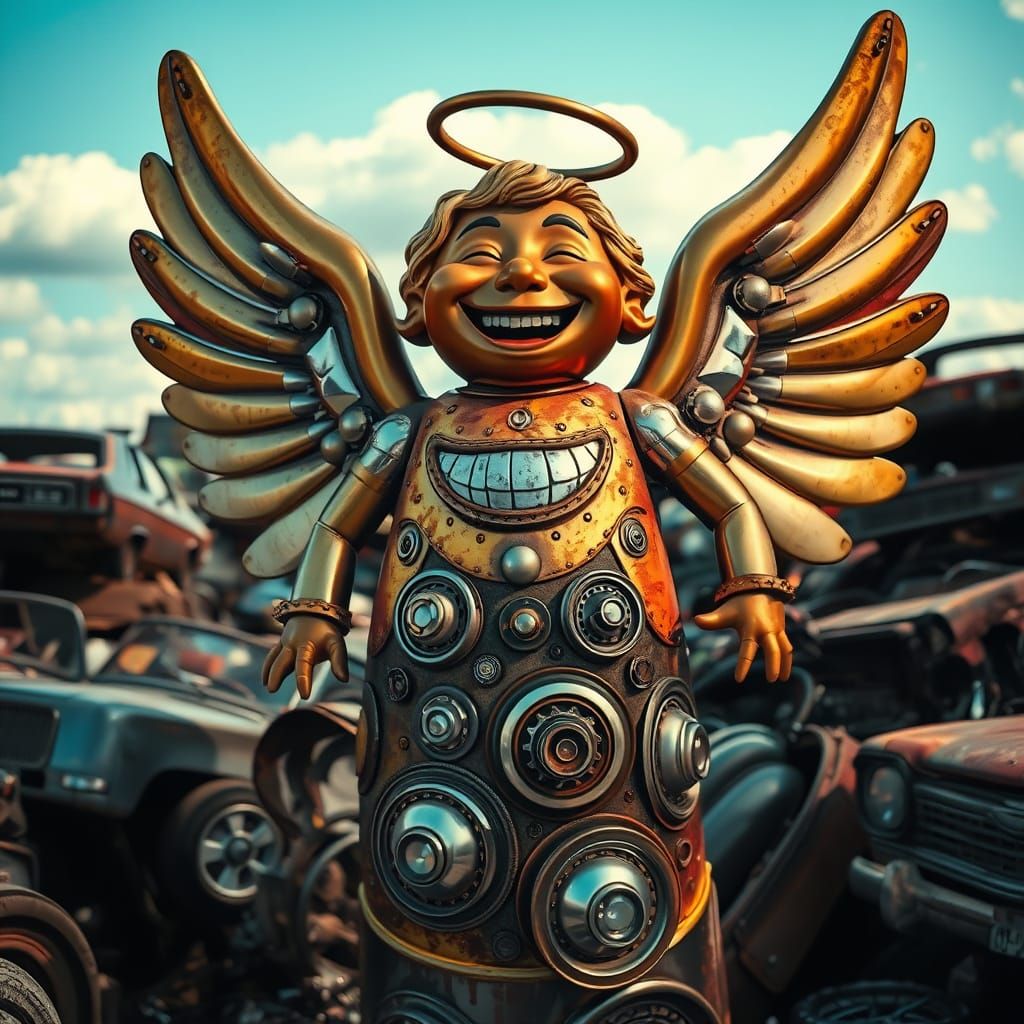 Industrial Angel of Rebirth in Junkyard Setting