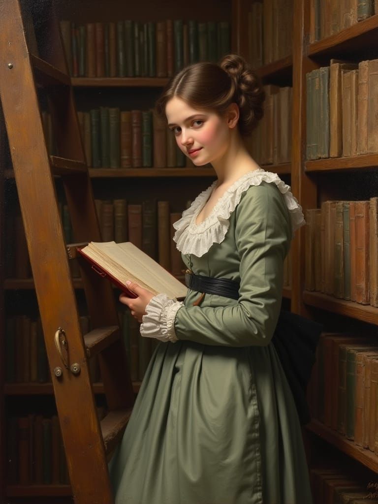 Victorian Lady Reads in Library with Shy Smile