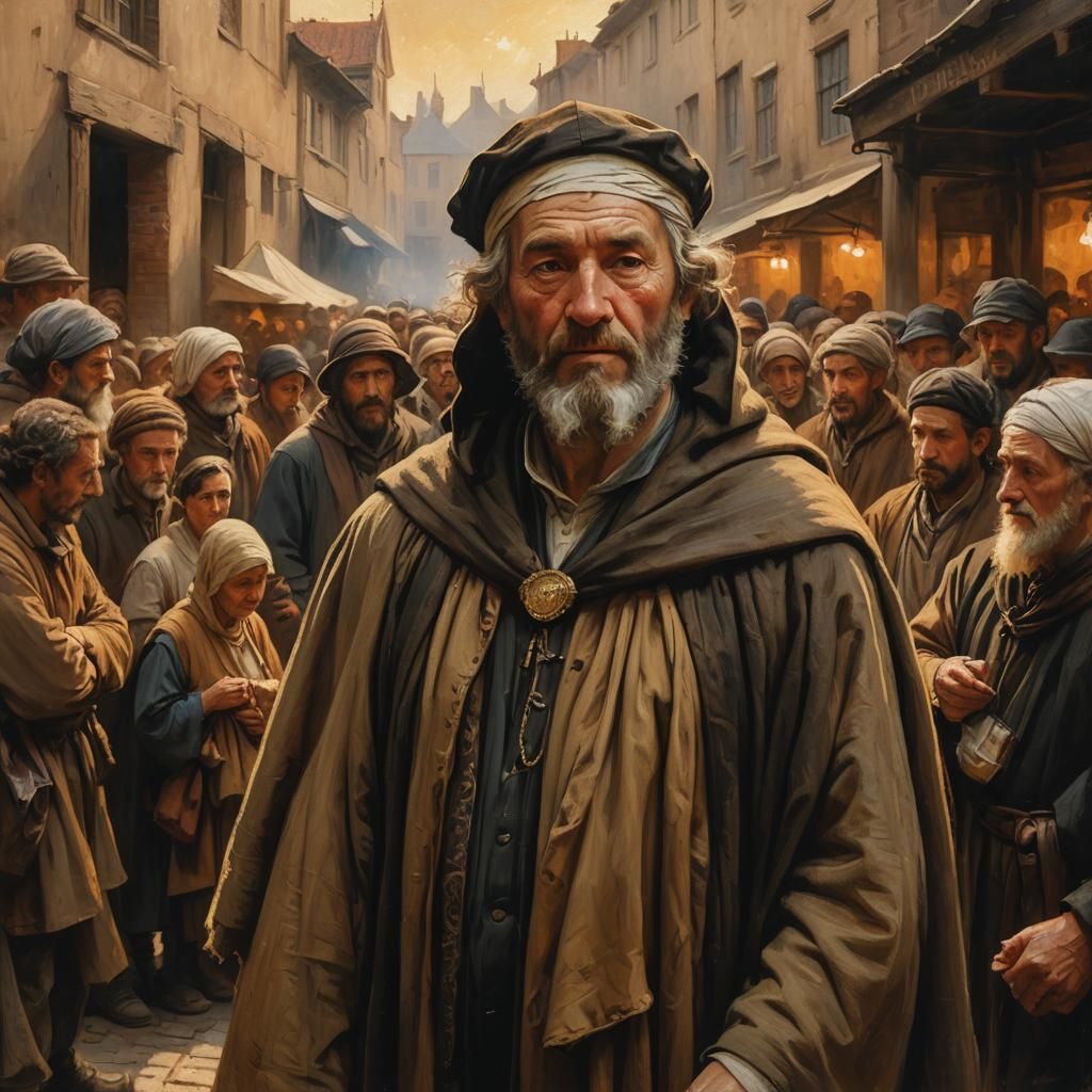 Man in Ancient Cloak Stands in Market: Oil Painting