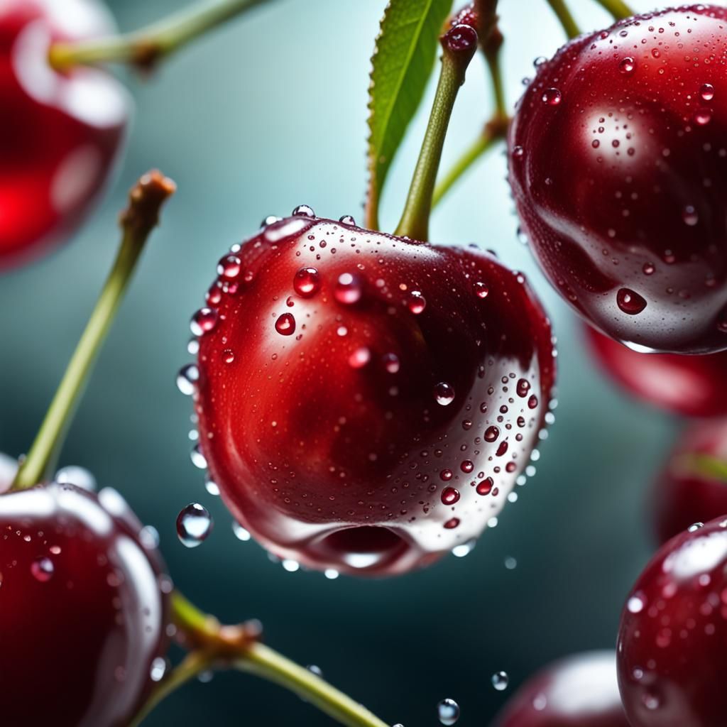 Macro Photograph of a Cherry with Water Droplets