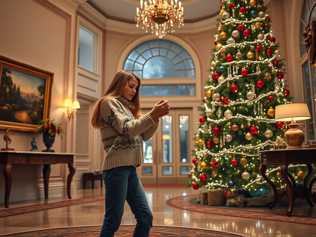 Elegant Christmas Scene with Luxurious House and Cozy Girl